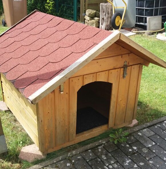 Hundehütte, steht auf dem Rasen